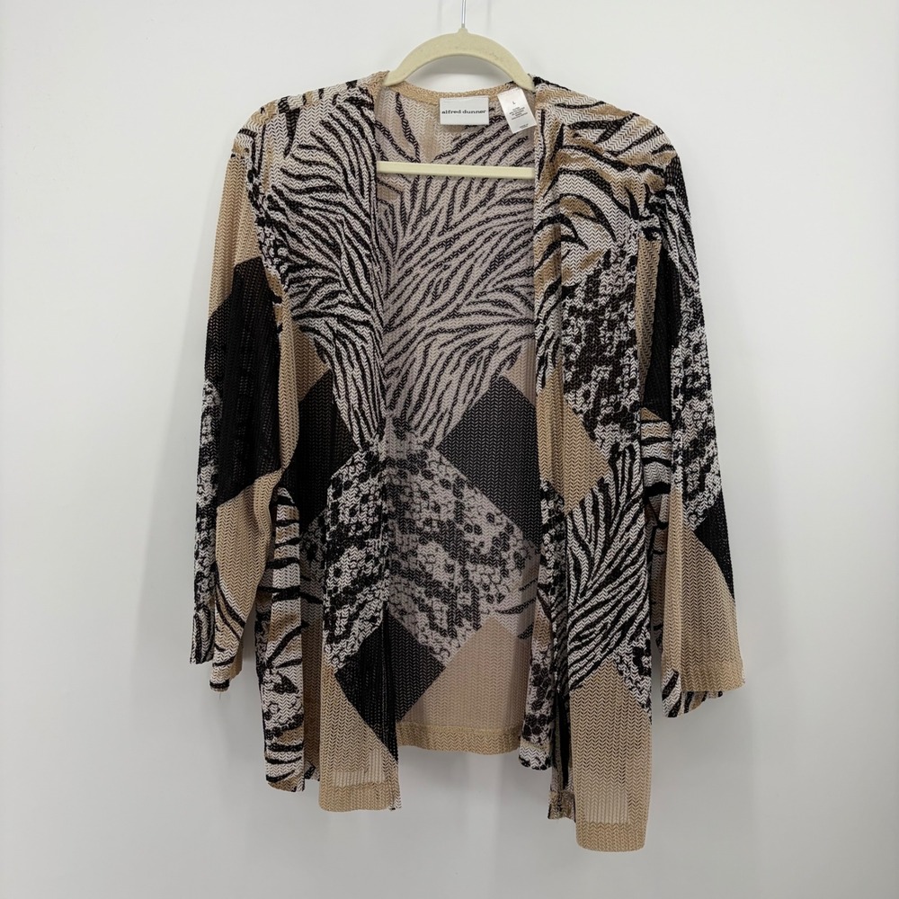 Alfred Dunner Womens Large Tan Black Mixed Animal Print Open Front Cardigan